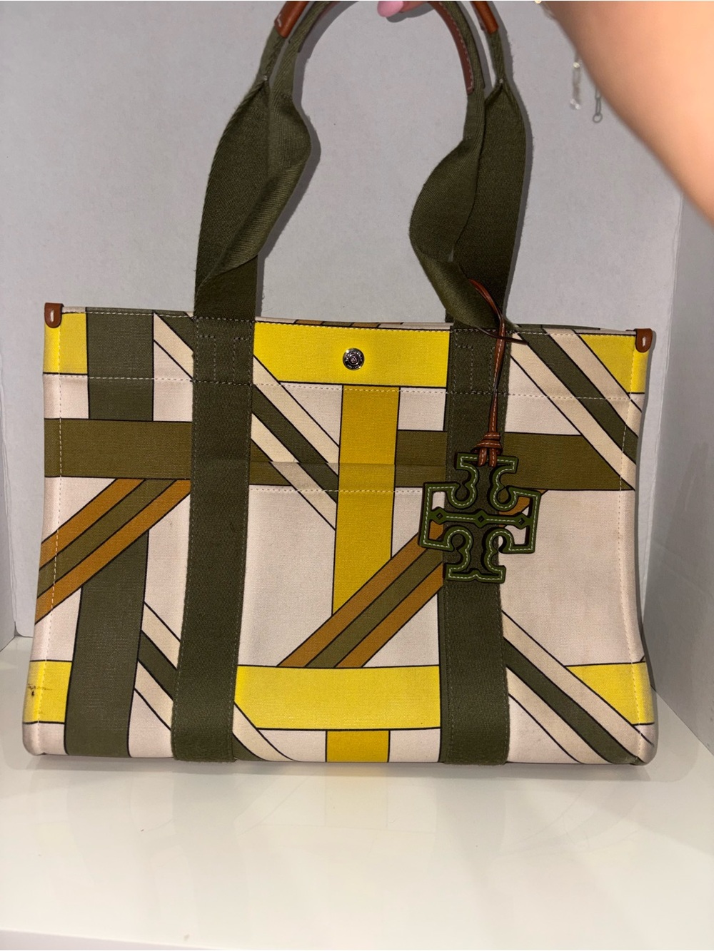 Tory Burch Olive, Yellow & Cream Geometric Canvas Tote